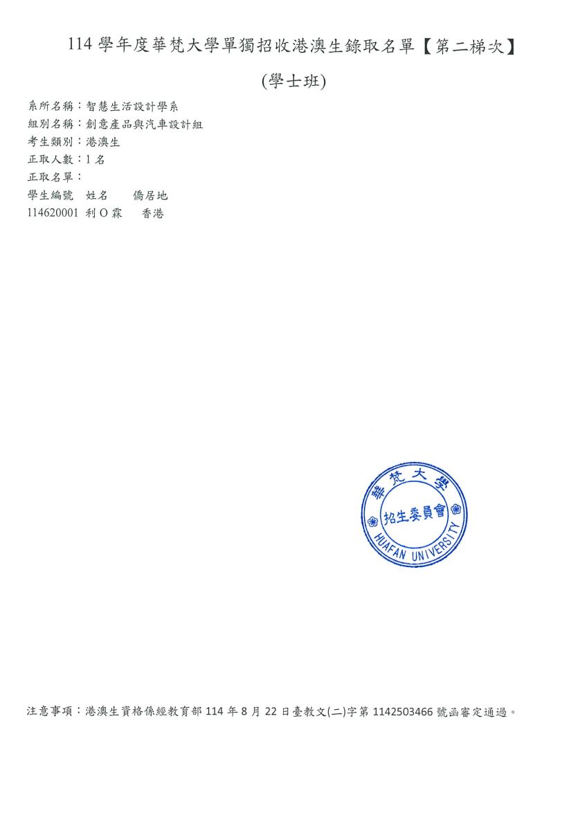 華梵大學公告本校114學年度第二梯次單獨招收港澳僑生錄取名單訊息